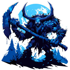 Blue Demon Holding an Axe in the Forest