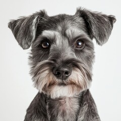 An isolated white background shows a close-up portrait of a cute schnoodle puppy