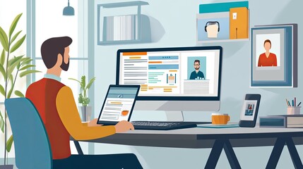 A man is sitting at a desk with a laptop and a desktop computer