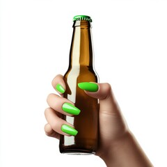 The hand of a woman holding a bottle of beer is isolated on a transparent background