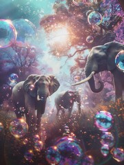 Poster - Elephants wander through a fantastical setting, surrounded by vibrant, floating bubbles that shimmer in the enchanting light of dusk. Generative AI