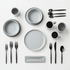 Set of cutlery and kitchen utensils. Plate and glasses in the kitchen at home, isolated on transparent background