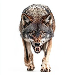 Wall Mural - Wild angry gray wolf against white, transparent background