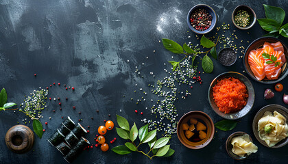 Wall Mural - Flat lay composition with ingredients for sushi on dark textured table