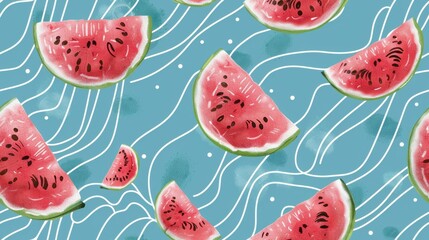 Illustrated seamless pattern of watermelon slices on a wavy, blue background. Perfect for playful, vibrant, and summer-themed designs.