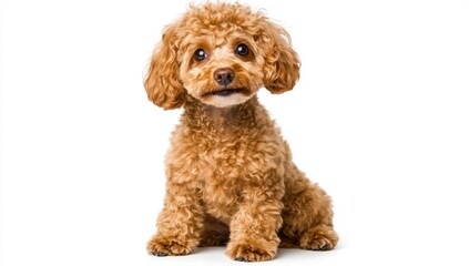 An adorable young brown poodle sits in the studio, isolated against a transparent background