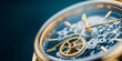 © Patrick - Closeup of luxury watch movement with intricate gears and jewels on blue background, showcasing precision engineering and craftsmanship for horology enthusiasts or timepiece collectors