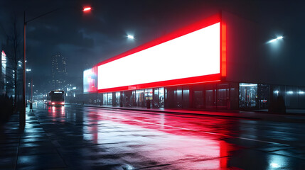 Poster - Nighttime urban scene with illuminated building and wet street.