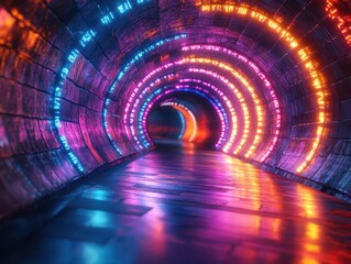 Wall Mural - mesmerizing abstract tunnel of swirling neon light trails in vibrant pink blue and green highspeed motion blur creates a sense of movement through a futuristic digital realm