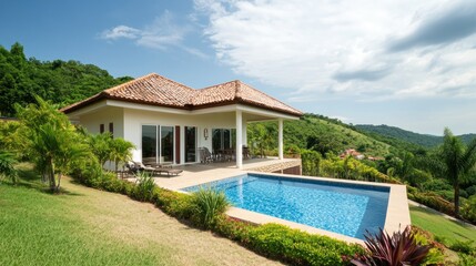 Canvas Print - Modern villa with a swimming pool and a view of the mountains.