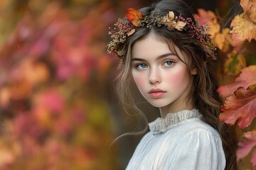 A young woman wearing a flowery headband stands in front of a tree with leaves t