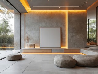 Wall Mural - minimalist art gallery interior sleek gray walls floating wooden drawer abstract sculpture large empty frame soft ambient lighting clean lines contemporary aesthetic