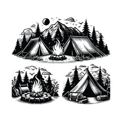 Wall Mural - hand drawn black and white tents with a campfire vector illustration isolated background