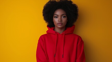 Wall Mural - A woman wearing a red hoodie is standing in front of a yellow wall. Concept of confidence and boldness, as the woman stands tall and proud in her red hoodie