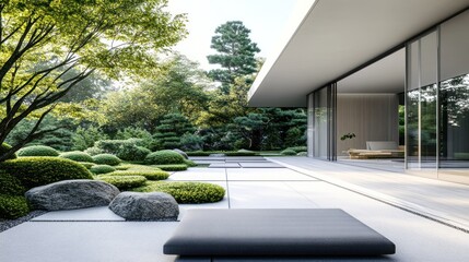 Modern patio with a gray cushion overlooking a lush garden.