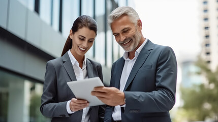 Wall Mural - A portrait of a businesswoman and businessman using a tablet in front of an office building, smiling while looking at the digital screen together. 