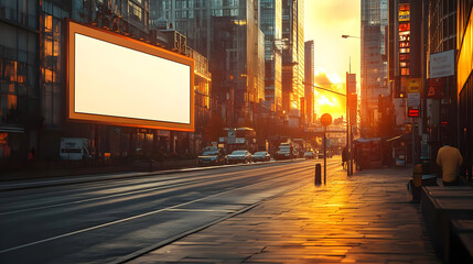 Poster - Sunset cityscape with an empty billboard and quiet street.