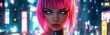 © BrandwayArt - Cyberpunk girl with pink hair and glowing blue eyes in a neon city