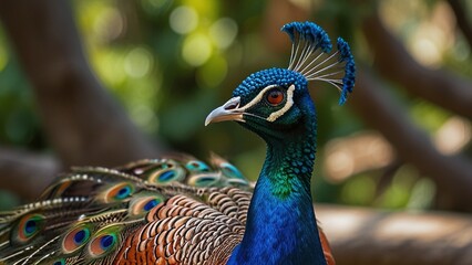 A colorful peacock displaying its feathers in a garden