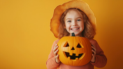 Wall Mural - Child near Jack-O-Lantern on plain orange background with copy space