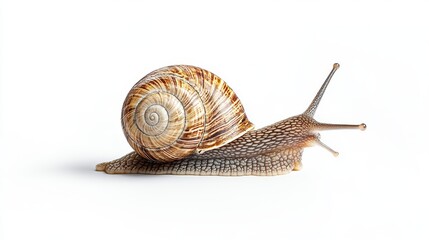 An isolated snail walks slowly on a transparent background