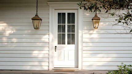 Poster - White front door with two hanging lanterns on a white wooden siding.