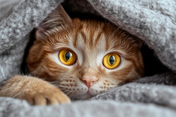 Transparent background with a tabby cat in a blanket