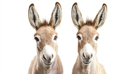 Portrait of two donkeys, face to face, isolated on white background, front view