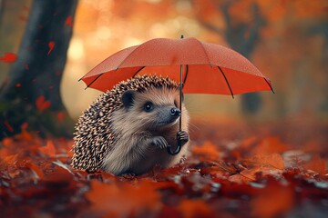 A small hedgehog is holding an umbrella in the rain