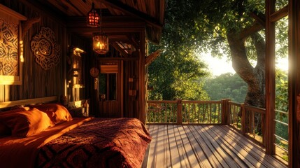 Poster - Cozy treehouse bedroom with a bed, two lanterns, and a view of the forest.