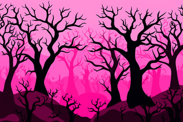 Dark Tree Silhouettes Against Vibrant Pink Background