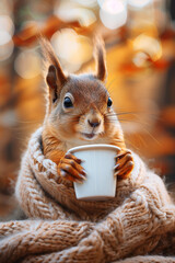 Wall Mural - a squirrel with a scarf and a coffee in his hands in front of a autumn fall background