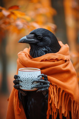 Wall Mural - a black crow with a scarf and a coffee in his hands in front of a autumn fall background with brown leaves and warm colors