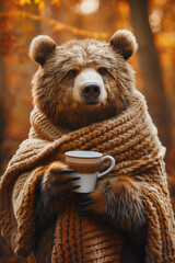 Wall Mural - a bear with a scarf and a coffee in his hands in front of a autumn fall background