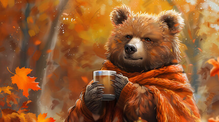 Wall Mural - a bear with a scarf and a coffee in his hands in front of a autumn fall background