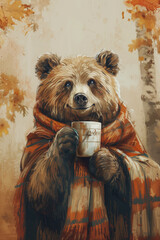 Wall Mural - a bear with a scarf and a coffee in his hands in front of a autumn fall background