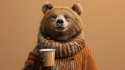 a bear with a scarf and a coffee in his hands in front of a autumn fall background