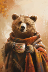 Wall Mural - a bear with a scarf and a coffee in his hands in front of a autumn fall background