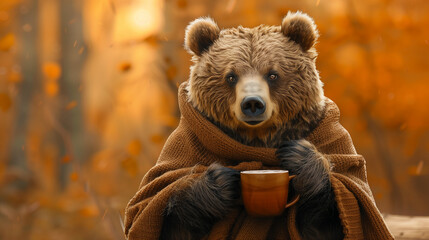 Wall Mural - a bear with a scarf and a coffee in his hands in front of a autumn fall background