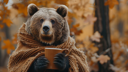 Wall Mural - a bear with a scarf and a coffee in his hands in front of a autumn fall background