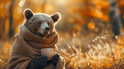 Wall Mural - a bear with a scarf and a coffee in his hands in front of a autumn fall background