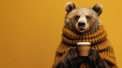 Wall Mural - a bear with a scarf and a coffee in his hands in front of a autumn fall background