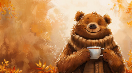 Wall Mural - a bear with a scarf and a coffee in his hands in front of a autumn fall background