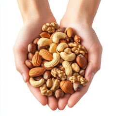 An isolated white background shows two hands holding a handful of mixed nuts