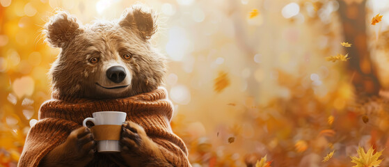 Wall Mural - a bear with a scarf and a coffee in his hands in front of a autumn fall background