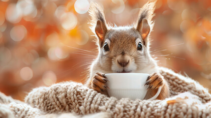 Wall Mural - a squirrel with a scarf and a coffee in his hands in front of a autumn fall background