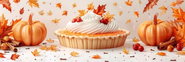 Pumpkin pie with whipped cream, cinnamon sticks, and autumn leaves, ideal for Thanksgiving desserts and festive treats.