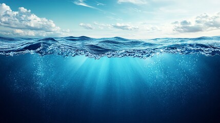 blue water and clear sky. cross-section of deep ocean with waves on the surface. rays of light illum