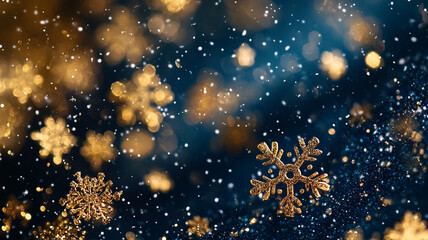 Poster - Sparkling golden snowflakes falling through a dark blue winter night