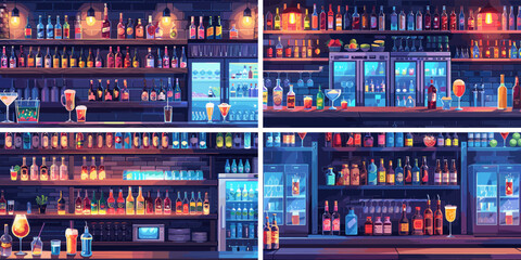 Pub counter cartoon vector ideas. Bar tavern bottles mixed drinks glasses gin whiskey beer tankard vodka nightclub refreshments alcoholic shelves fridge beverages illustrations